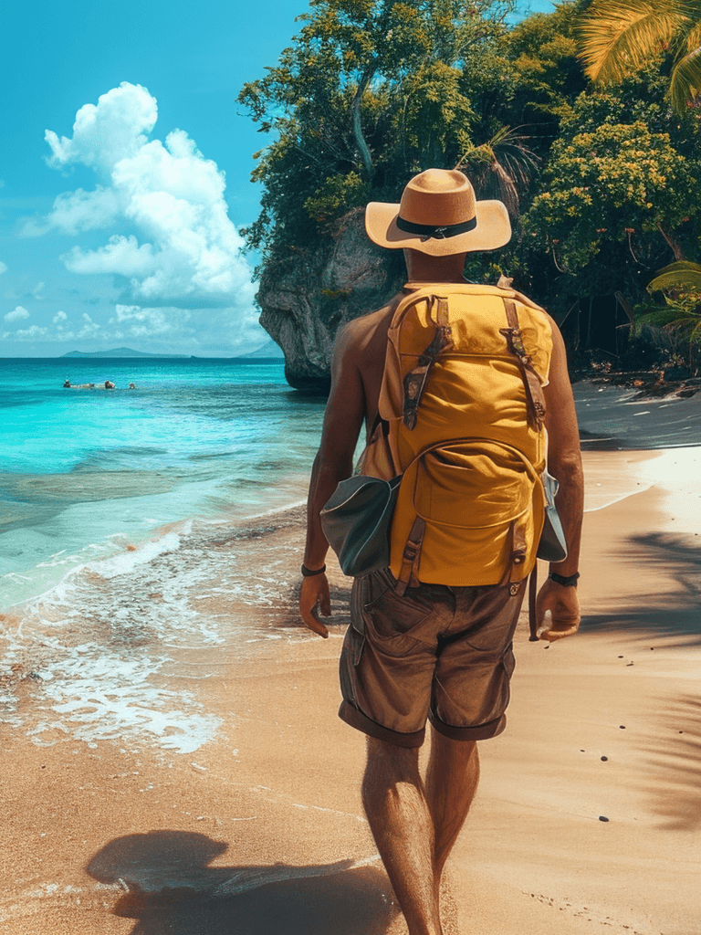 Traveler with backpack on a tropical coastline